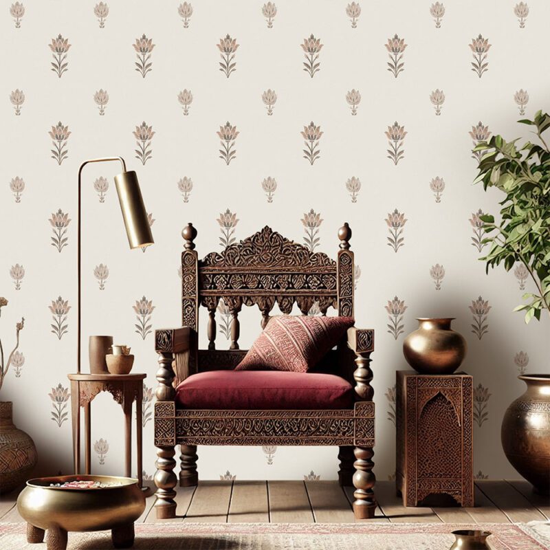 Arz earthy Mughal wallpaper design with natural elegance by Kalaakashi