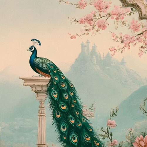 Mor-Payeh graceful peacock motif Mughal wallpaper by Kalaakashi