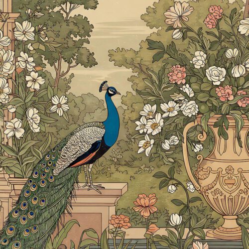 Mor-Bagh floral peacock garden wallpaper by Kalaakashi