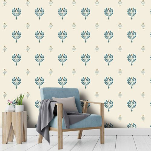 Neel-Barg blue leaf Mughal wallpaper design by Kalaakashi